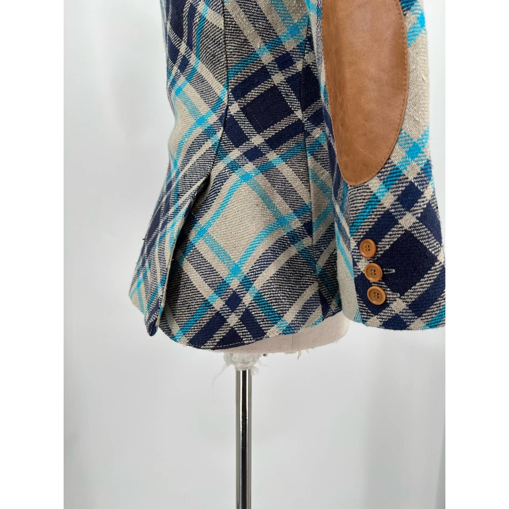 Smythe Plaid Blazer in Navy, Teal & Cream with Leather Elbow Patches - Picture 15 of 15